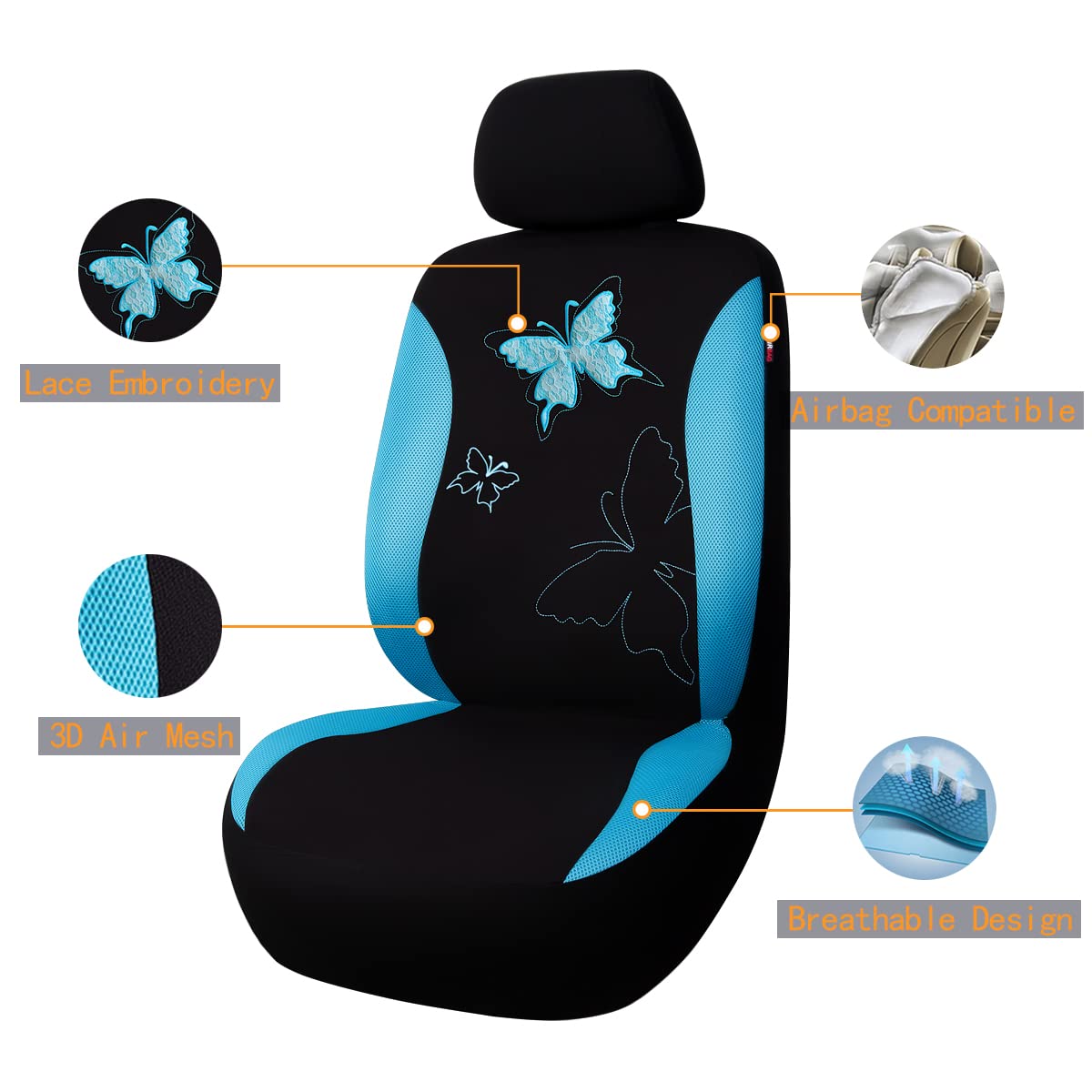 Flying Banner Moda Mariposa Encaje Bordado Fundas de Asiento de Coche(Juego Completo, Azul Menta)
