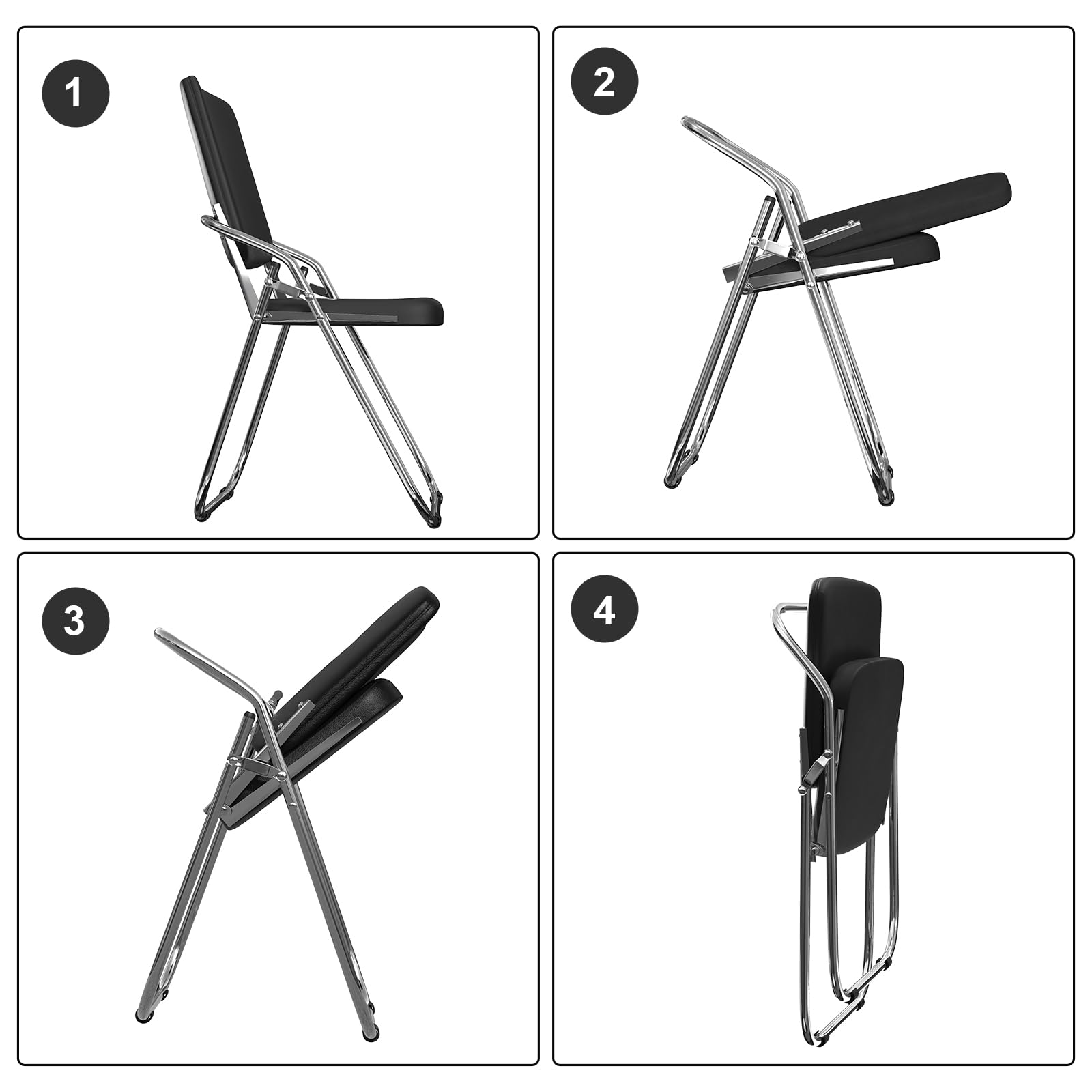 Silla Plegable de Metal Piel Sintética con Asiento y Respaldo Tapizado Sillón Sillas Plegables para el Hogar, al Aire Libre, Cocina, Oficina, Silla Plegable Acolchada, Negro, 1 Pieza