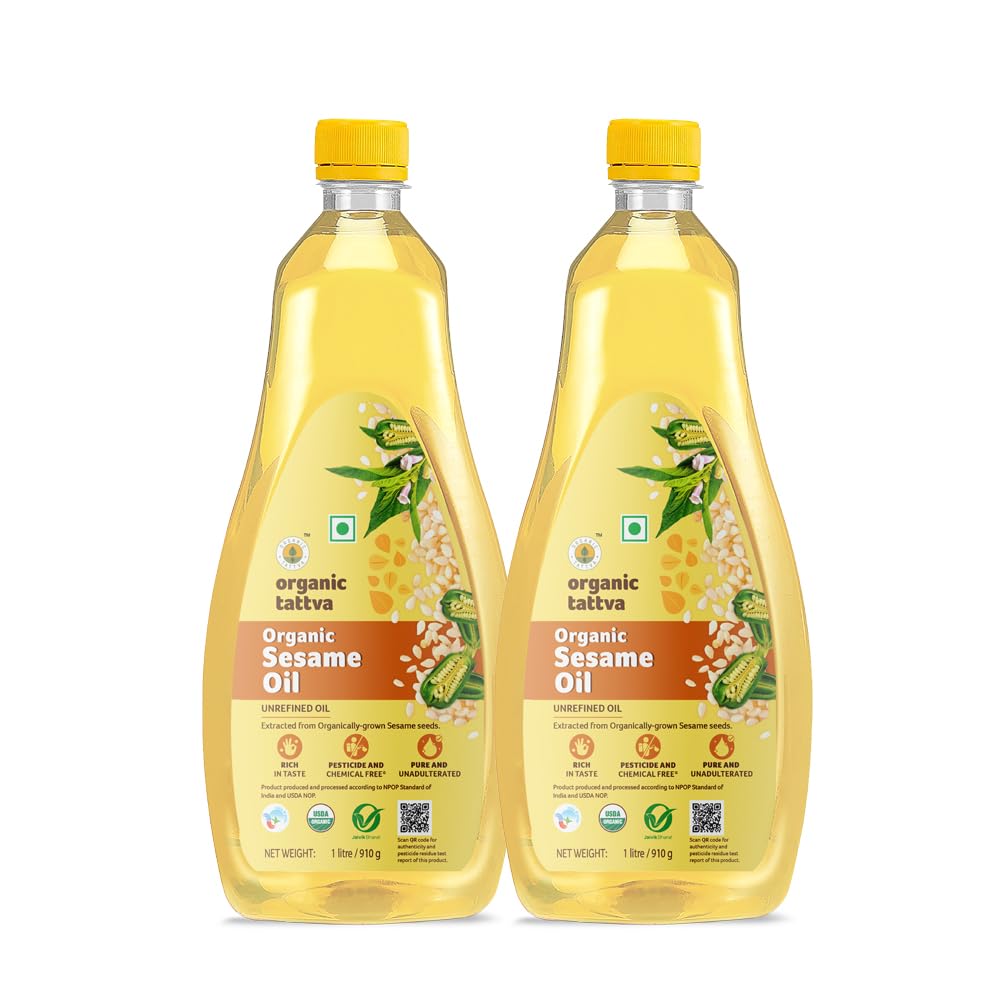 Organic Tattva, Organic Sesame Oil, 1 Litre | Unrefined Safed Til Ka Tel | Cholesterol and Tran Fat Free| 100% Organic | Pesticide and Chemical Free | Pure and Unadulterated | Double Filtered | Expeller-Pressed | Pack of 2 (B09TKFN8Q1) Amazon Price History, Amazon Price Tracker