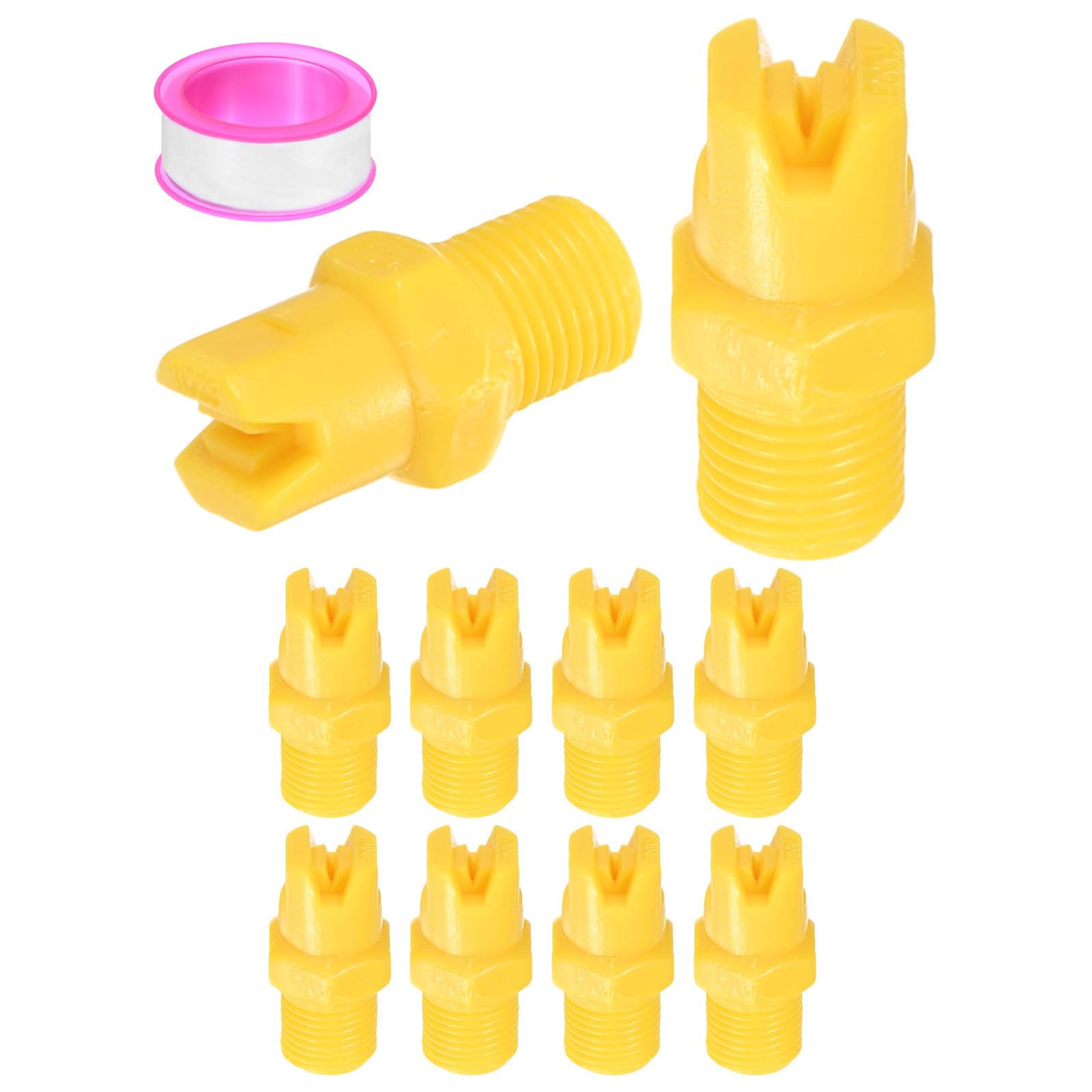 M METERXITY 10-Pack Sprayer Nozzle Tips, 1/8 BSPT Male Thread 110 Degree Plastic Flat Fan Spray Tip with Tape for Agricultural Irrigation, Replacement of Knapsack Nozzles [Orange, 1.1mm Pore]