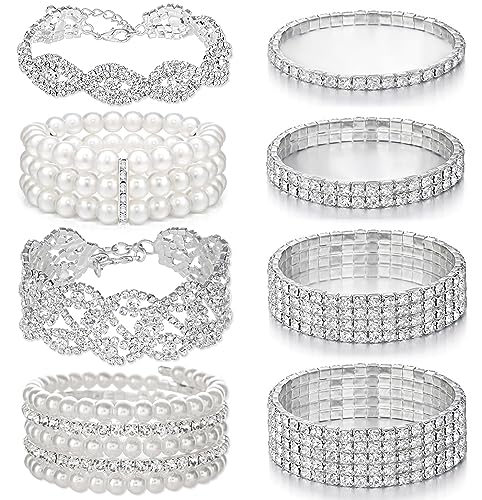 Gifikoi Rhinestone Stretch Bracelets For Women Shiny Bridal Stackable Bracelet Elastic Multilayer Strand Link Tennis Bracelets Set cover
