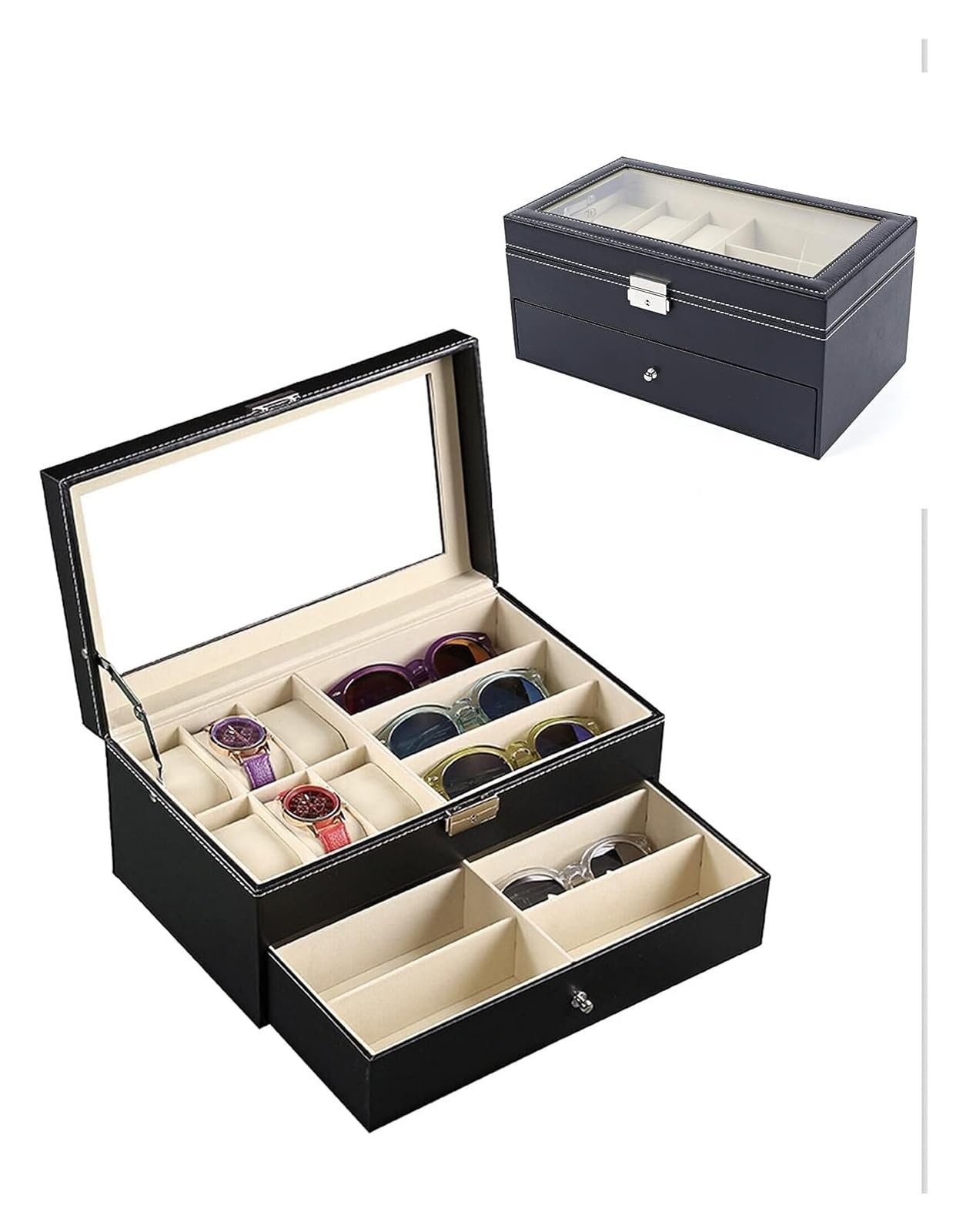 ANVLOJRIH Sunglasses Display Case，Jewelry Case,6 Watch Slots+9 Eyeglasses Jewelry Box Storage,Women Mens, Glass