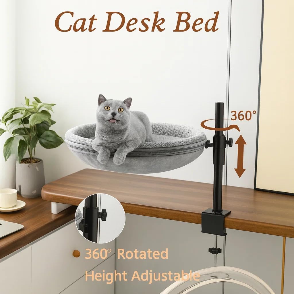 Cat Desk Bed 2 Story - 360°Rotating & Height Adjustable Desks Hammock Beds for Multi Cats Indoor, Furniture for Office Table and Game Tables