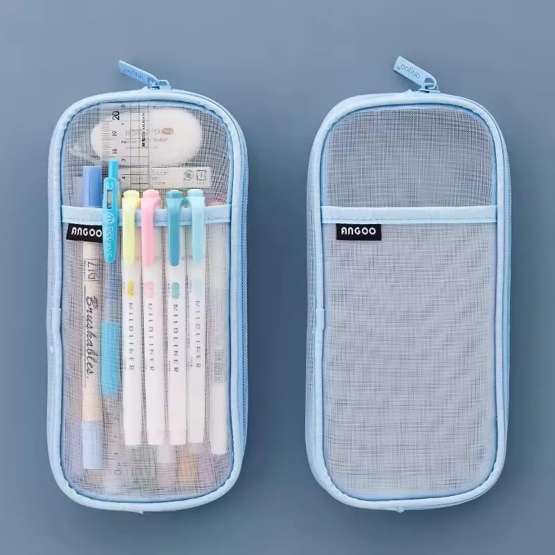 Mincer Durable Storage Multiple Compartment Double Zipper Portable Capacity Pencil Net Pouch | Study Pencil Pouch Mesh Transparent Case (Pack of 1) (Blue) 4