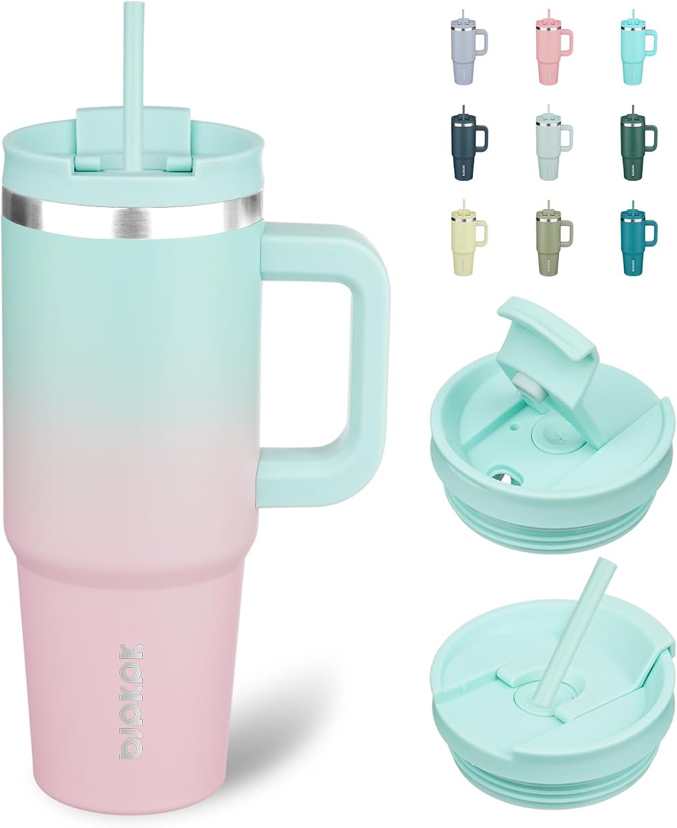 BJPKPK Vaso aislado de 30 oz con asa y pajita, acero inoxidable | Aislamiento al vacío de doble pared, a prueba de fugas, sin BPA, apto para lavavajillas, apto para portavasos, viajes y actividades al aire libre, chicle