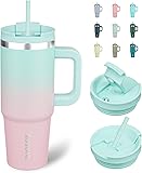 BJPKPK 30 oz Stainless Steel Tumbler With Handle Insulated Tumblers With 2 Straw Travel Coffee Mug With Lid,Bubble Gum 30 Ounces Bubble Gum