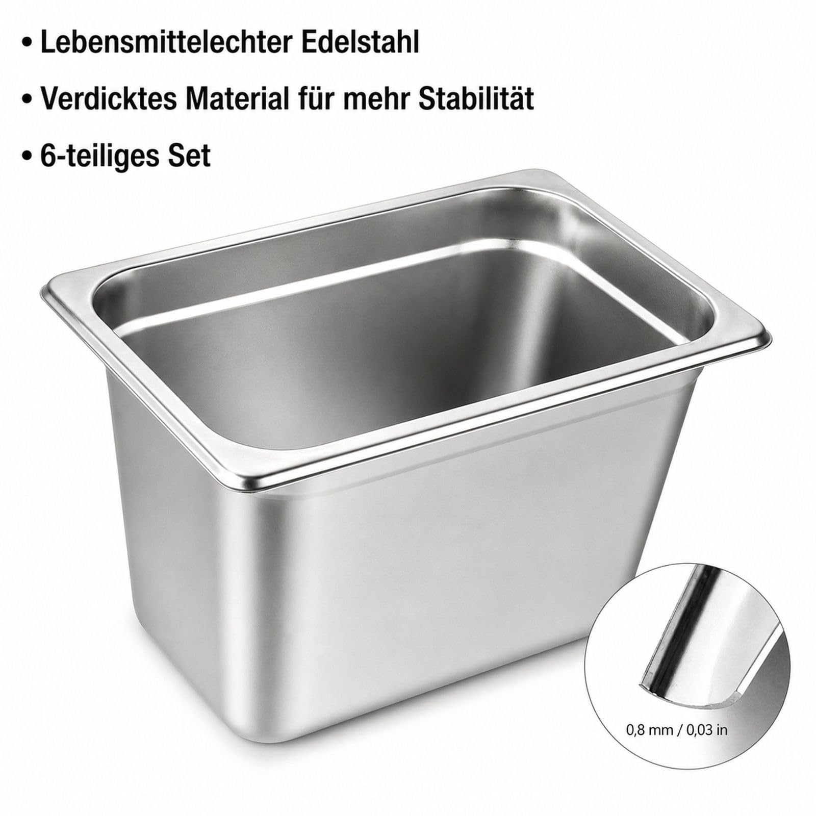 6er Set Gastronormbehälter GN 1/6 aus Edelstahl für Bain-Marie und Buffet |