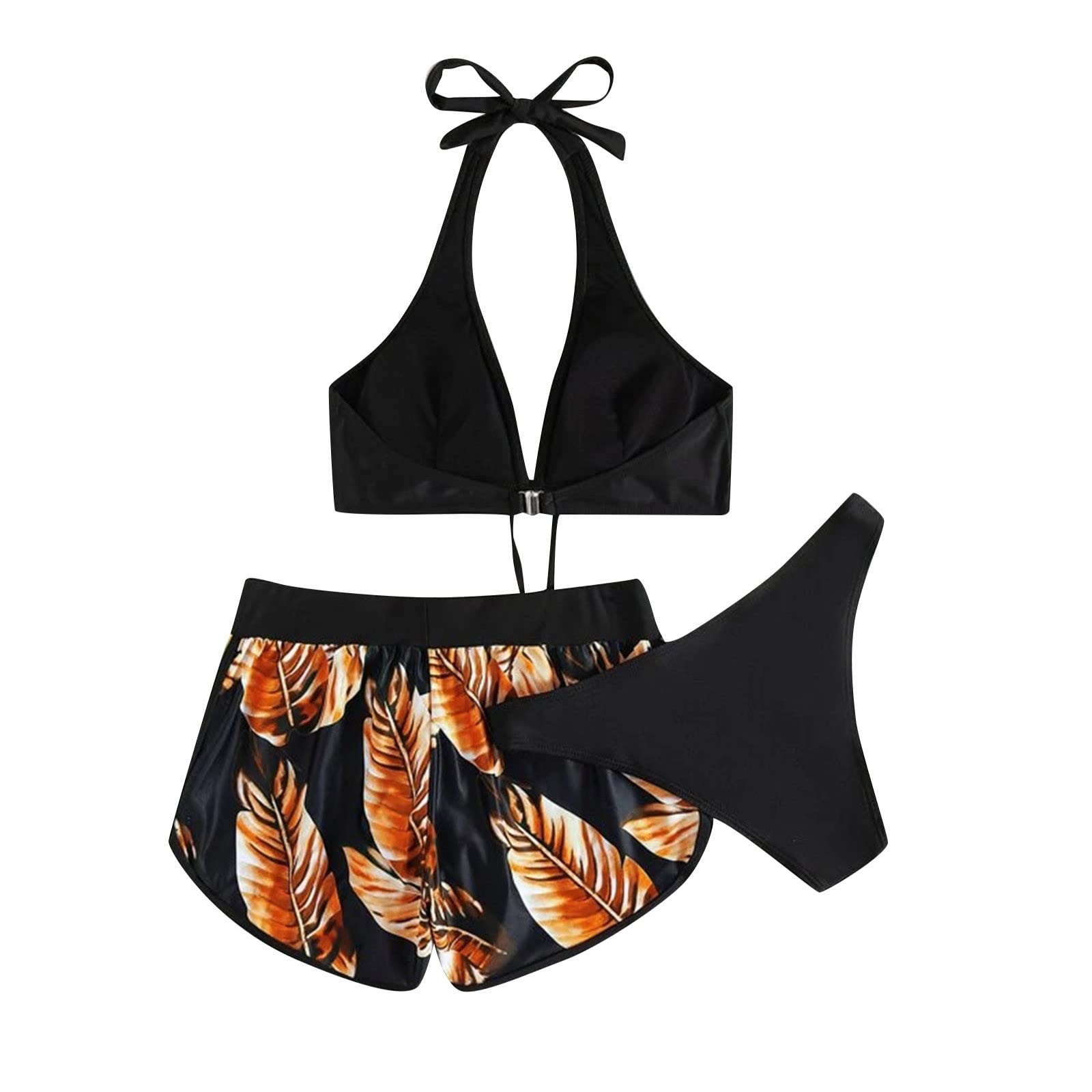 Bikini damski zestaw damski tropikalny nadruk trzyczęściowy strój kąpielowy z szortami kąpielowymi Split Push Up, złoty, XL