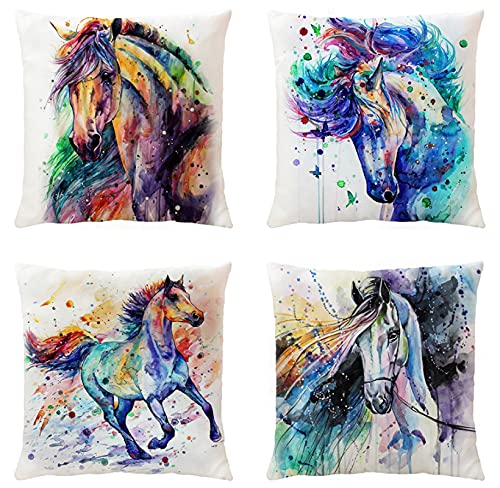 JgZATOA Aquarelle Cheval Housses De Coussin Lot De 4 Taies d'oreiller Carrées en Lin Et Coton 45X45Cm Banc Canapé Coussin De Jardin Décoratif pour La Maison Cover