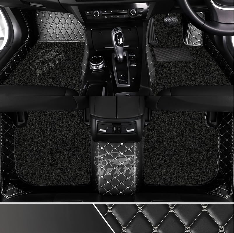 Image of NEXTA Premium Faux Leather 7D Car Floor Mats for MG Majestor - 7 Seater (All 3 Rows) || Luxury Leather with Grass Mat Complete Set || 100% Waterproof and Washable (Color Black & Silver)