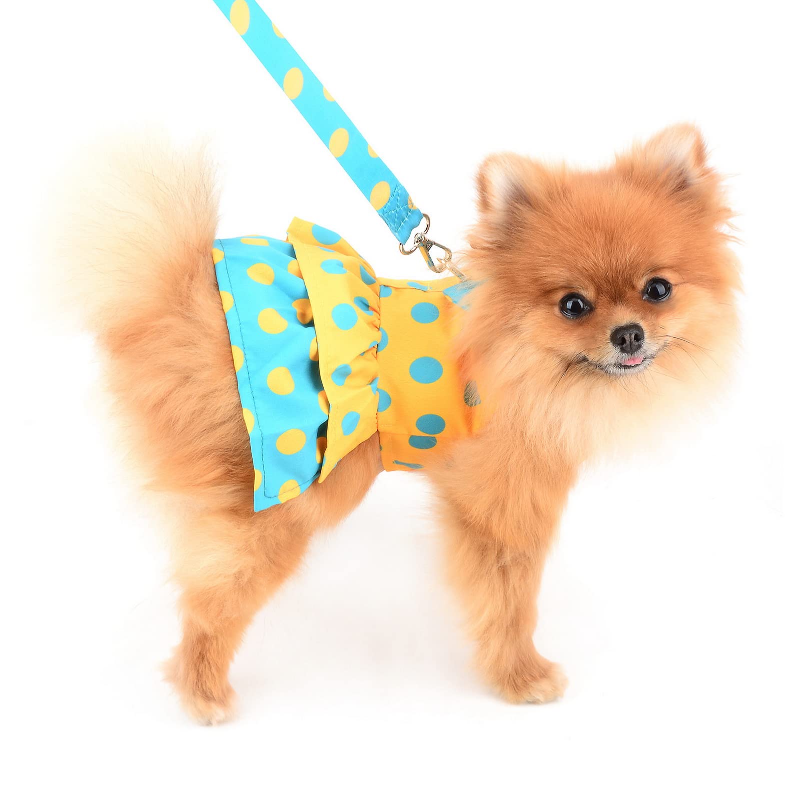 SMALLLEE_LUCKY_STORE Dog Harness Dress with Leash Set,Puppy Bow Princess Dress for Small Medium Dog Cat Girls Puppy Dress with D-Ring Female Dog Clothes Summer Pet Apparel,Yellow Retro Polka Dots,M