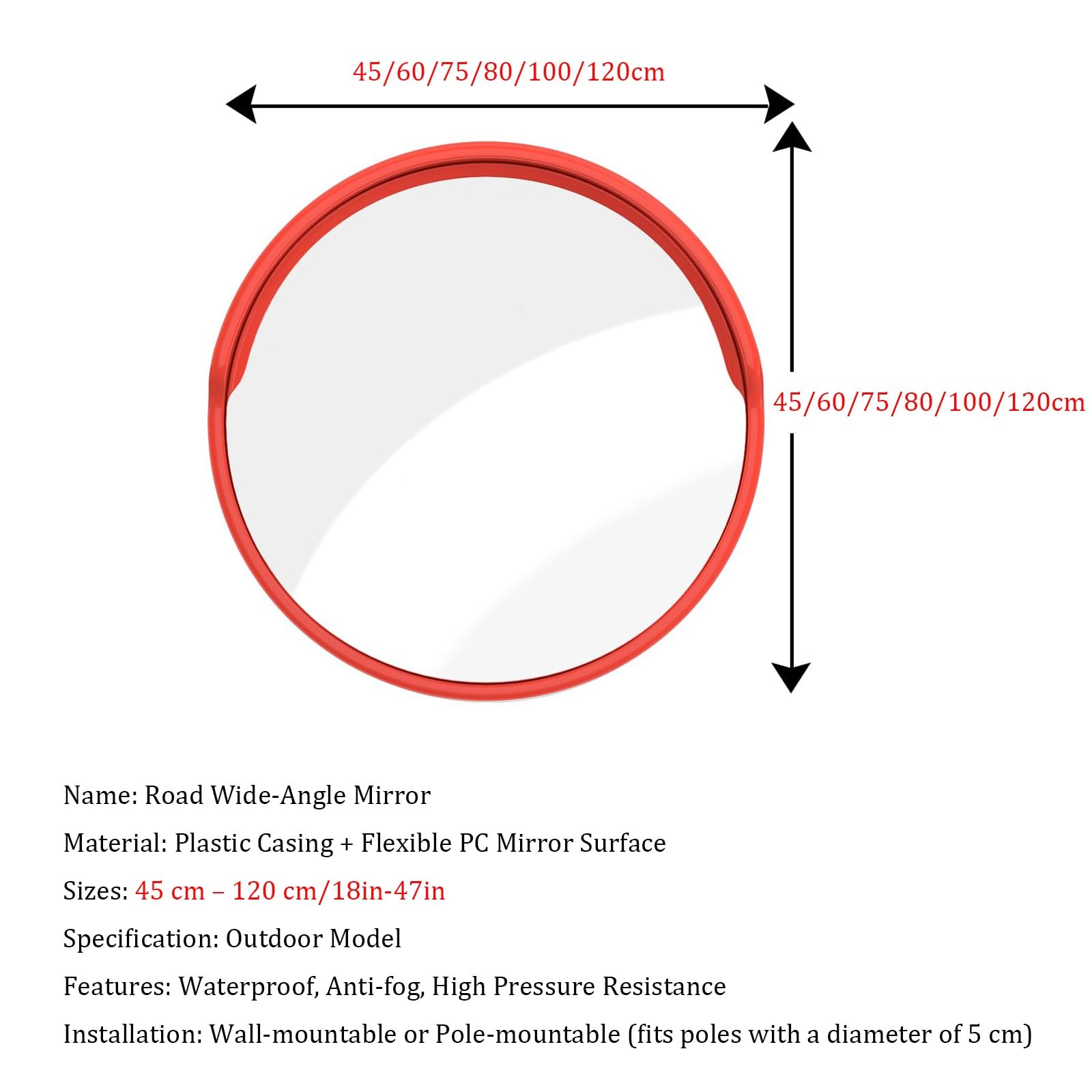 Miroir de sécurité convexe grand angle réglable, rétroviseur de sécurité routière extérieure avec lentille en polycarbonate et dos en ABS, miroir d'angle mort pour la surveillance(45cm)