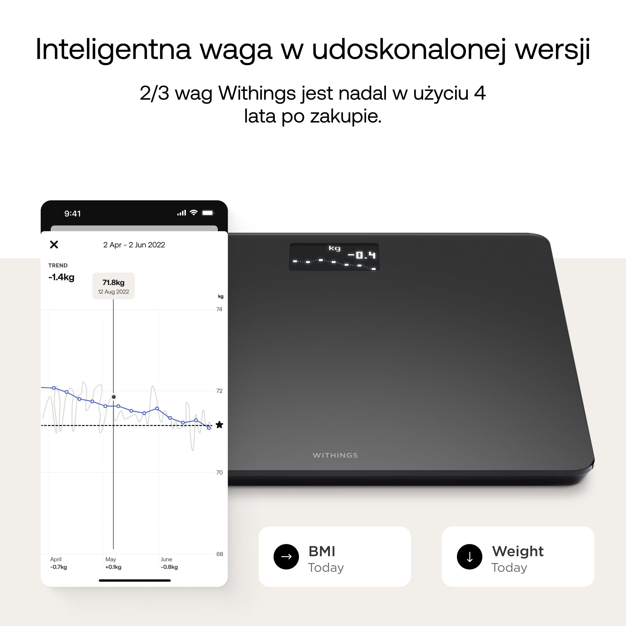 Withings Body – inteligentna waga Wi-Fi z funkcją BMI, cyfrowa waga osobowa, synchronizacja aplikacji przez Bluetooth lub Wi-Fi