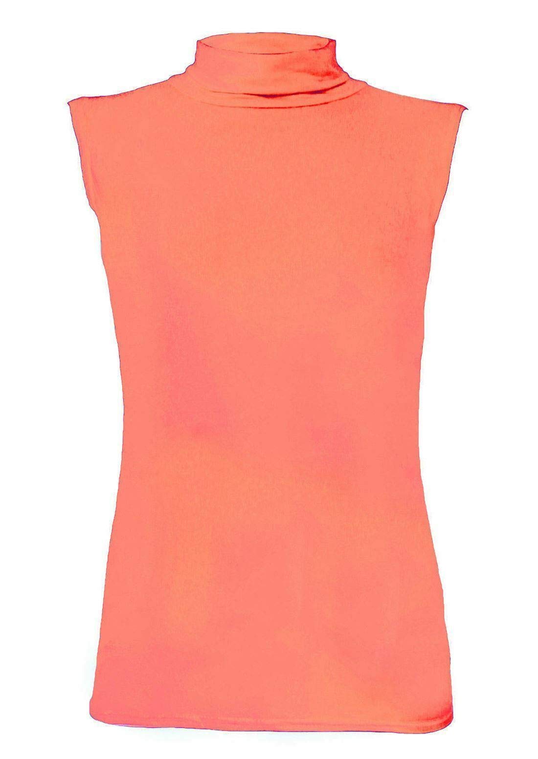 janisramone Womens Ladies Turtle Polo Neck Sleeveless T-Shirt Plain Casual Stretchy Bodycon Vest Tee Top Coral