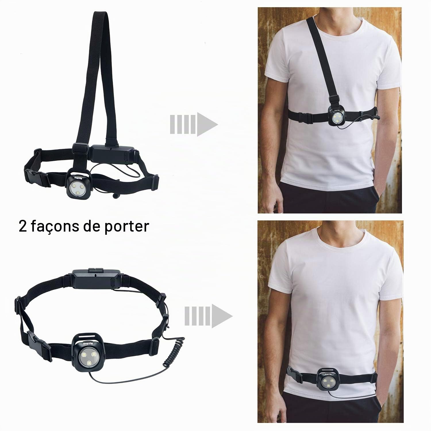 Suptig lumière de ceinture poitrine courante pour le camping, la randonnée, la course, le jogging, la marche, l'aventure en plein air batterie rechargeable intégrée(noir)