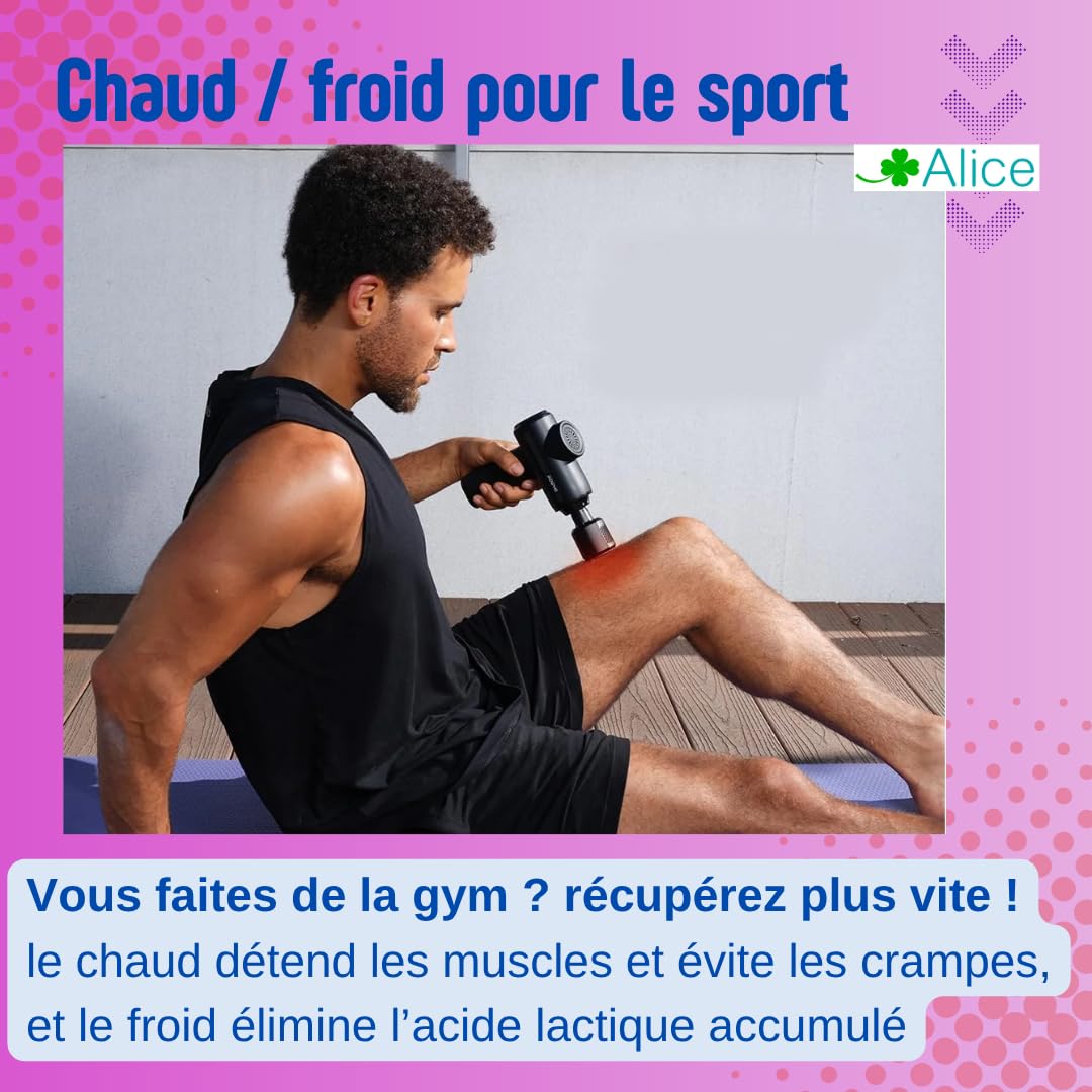 Massage gun chauffant, masseur musculaire, chaud ou froid, 5 vitesses, contre les courbatures après le sport (froid), ou contre les douleurs et rhumatismes (chaud) / usb