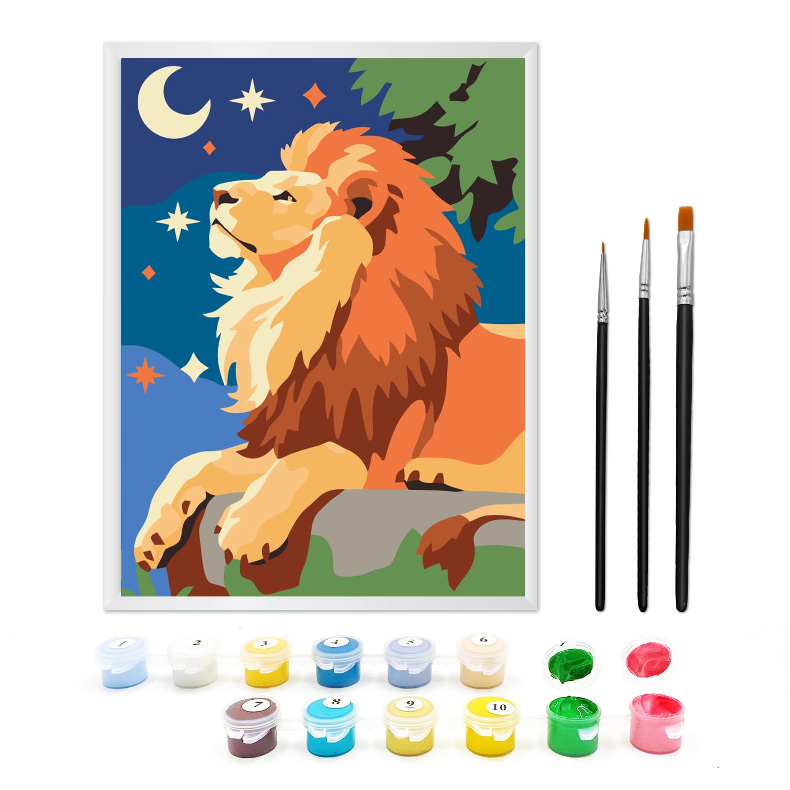 Zimrobin Paint by Numbers for Children Ages 6-12 with Pre-Printed Cardboard, 12 Vibrant Acrylic Paint Pots, a Frame, and 3 Painting Brushes(Proud Lion)