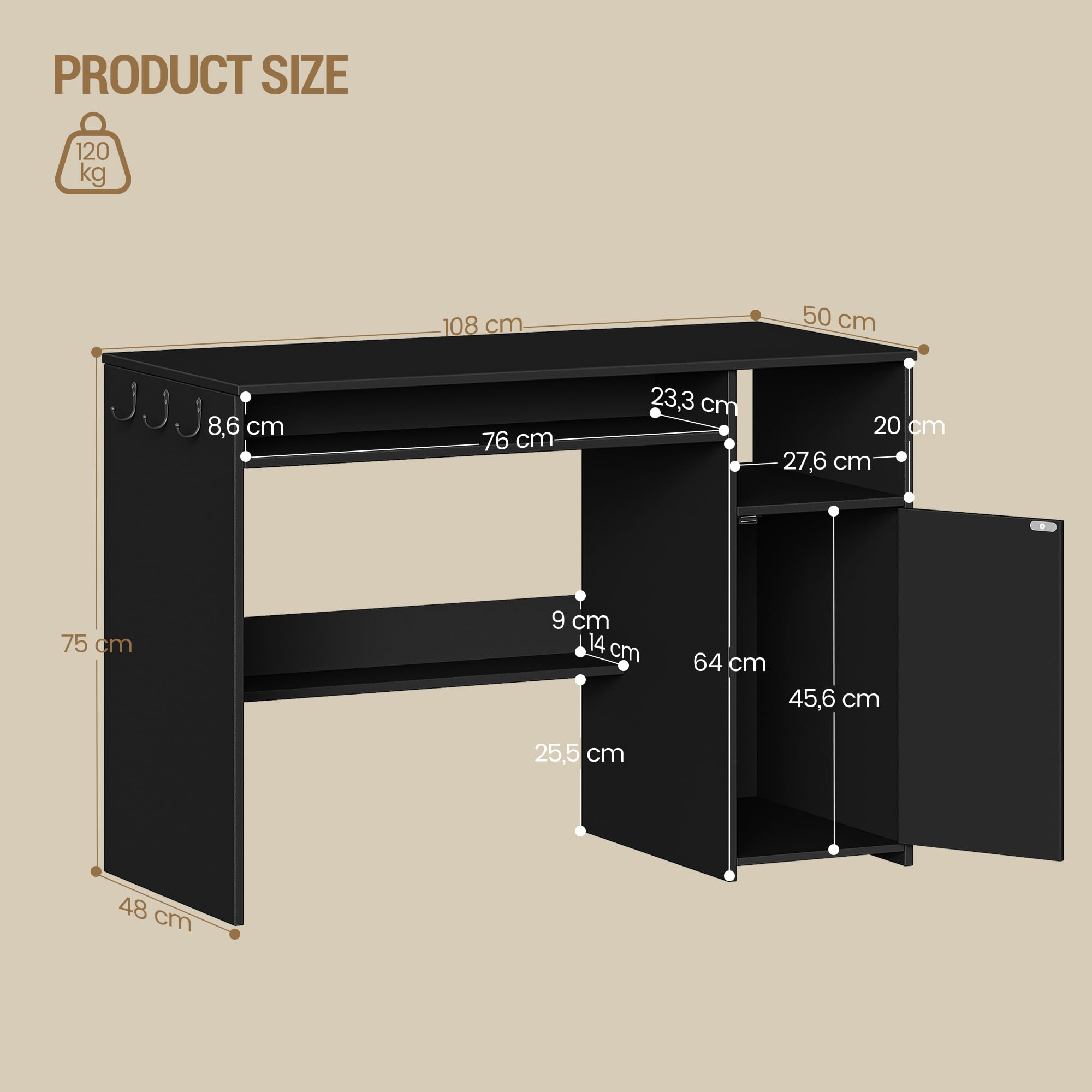 Hzuaneri Mesa Ordenador, Mesa de Oficina con Almacenamiento, Escritorio Moderno con Estantería, para Estudio, Oficina, Dormitorio, 50 x 108 x 75 cm, Negro CD10106X