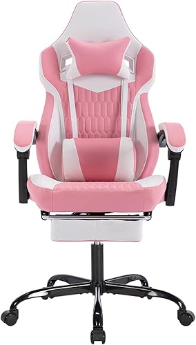 Miniatura 8 de Silla ergonómica de cuero para juegos con reposapiés, bonita silla de juegos rosa con cómodo reposacabezas y soporte lumbar para adultos, mujeres y