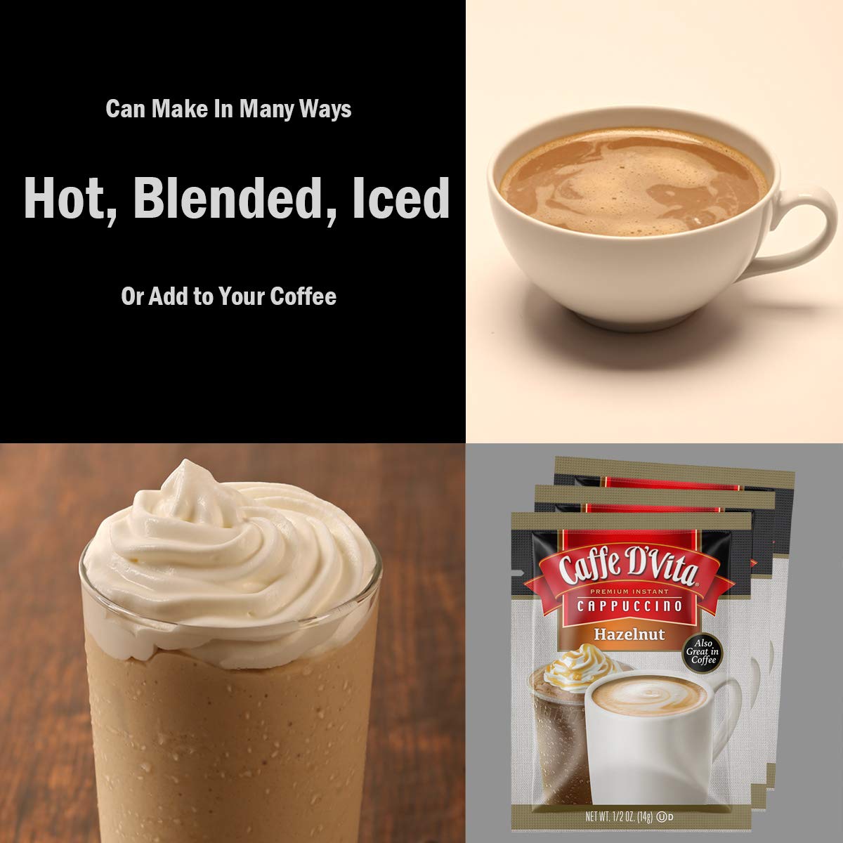 Caffe D'Vita Hazelnut Cappuccino Mix - Instant Coffee Mix, No Cholesterol & Trans Fat, 99% Caffeine Free, Gluten Free - Envelopes, 0.5 Oz (Pack of 48)