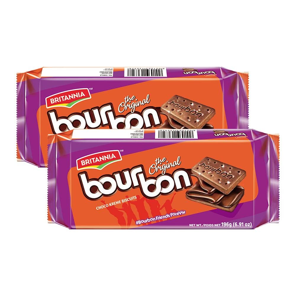 Britannia Bourbon the Original - Choco Creme Biscuits 6.91oz (196g) - Pack of 2 - Smooth Chocolate Cream Biscuits for Breakfast & Snacks - Topped with Sugar Crystals