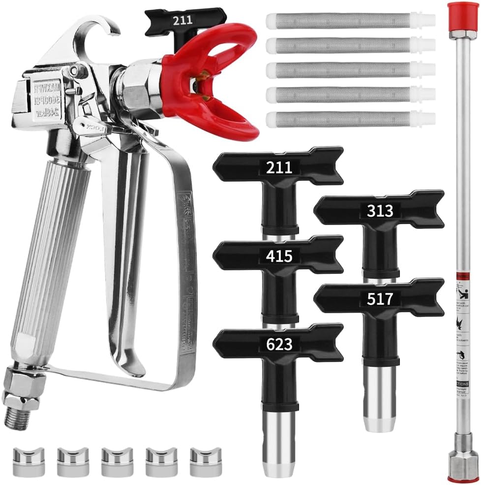 3600 PSI High Airless Paint Sprayer Gun with Nozzle Guard and with 5 Spray Nozzle Tips and 5 Airless Paint Sprayer Gun Filters and 16Inch(40CM) Spray Painted Extension Pole (211, 313, 415, 517, 623)