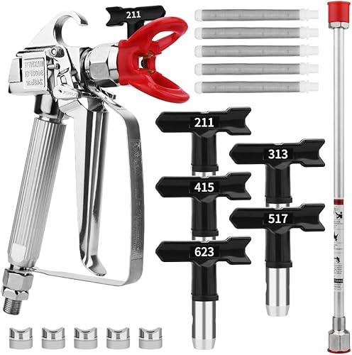 Pistola de pulverización de pintura sin aire de 3600 PSI con protector de boquilla y con 5 puntas de boquilla de pulverización y 5 filtros de