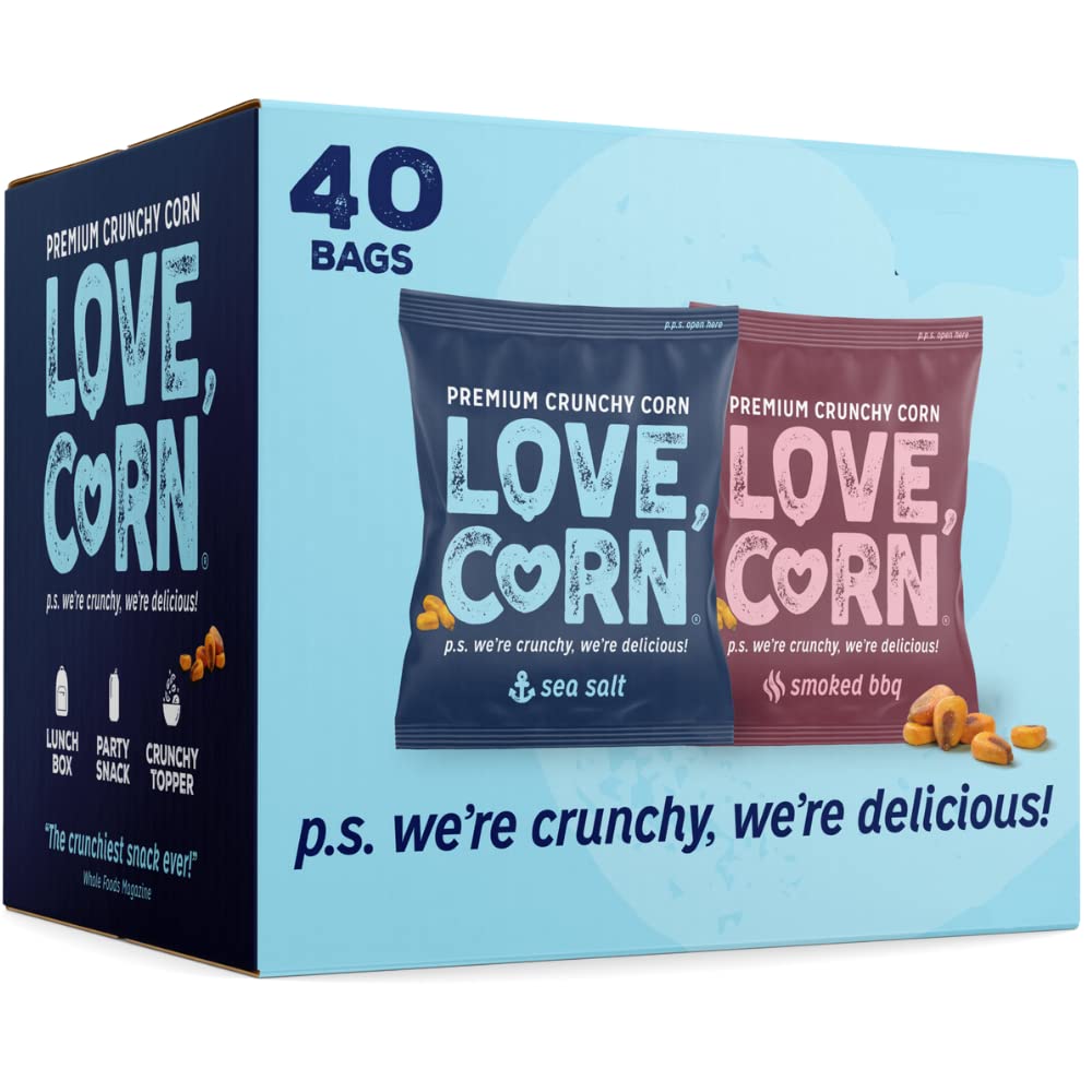LOVE CORN Value Variety Pack Sea Salt, BBQ 0.7oz x 40 Bags - Delicious Crunchy Corn - Healthy Family Snacks - Gluten Free, Kosher, NON-GMO - Alternative for Chips, Corn Nuts, Crackers & Pretzels