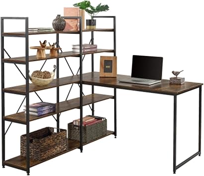 Desk with Shelves 54 Large Computer Desk with 5-Tier Shelves Office Desk Study Table with Bookcase Writing Desk Workstation with Hutch Bookshelf (Brown) Study Writing Desk Study Desk with Storage