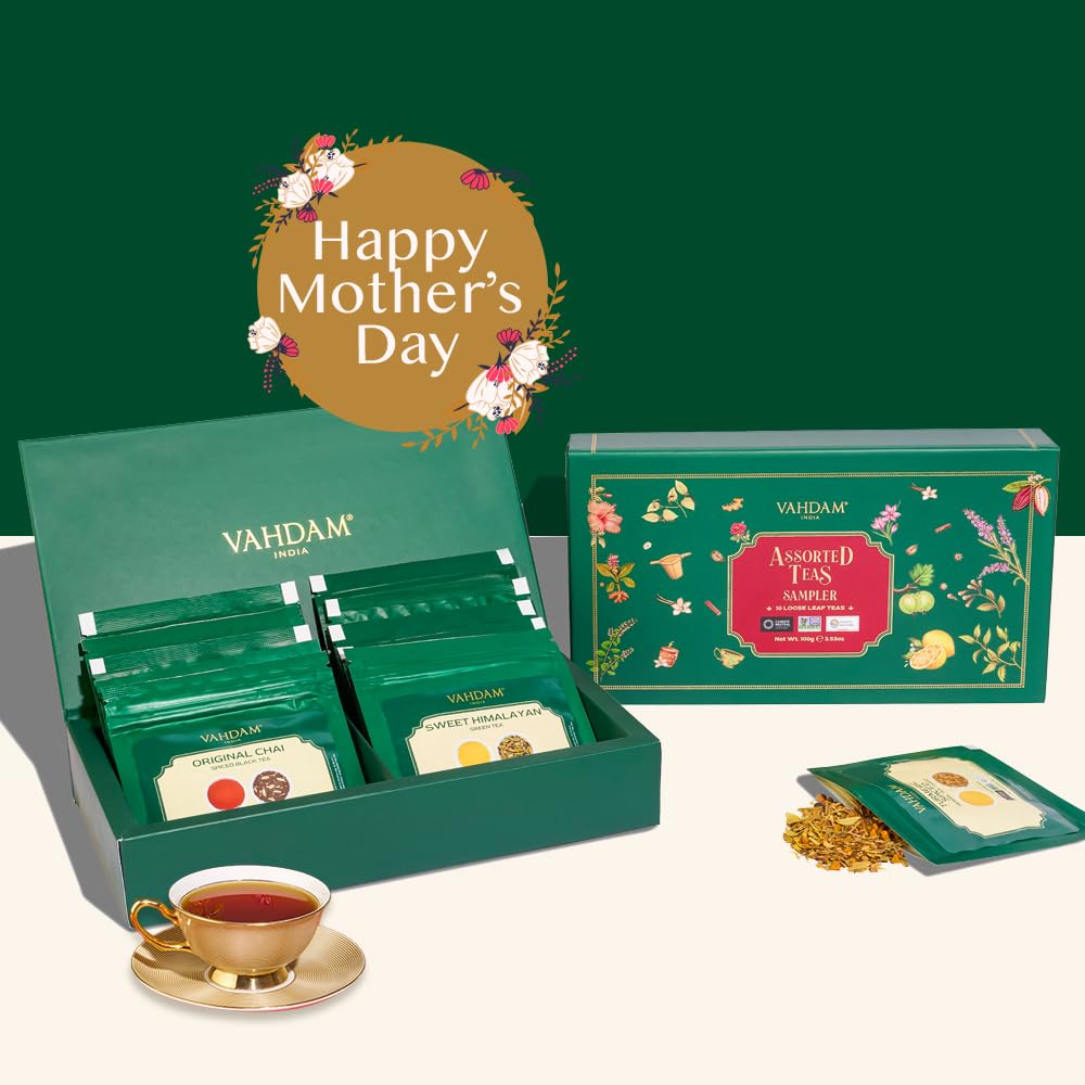 VAHDAM Top 10 Favourites Tea Sampler Set | Loose Leaf Tea (50+ Cups) | Tea Variety Pack with Green, Herbal, Black & Chai Brew | Vacuum Sealed For Freshness | | Mother’s Day Tea Gift for Mom: 10 Count (Pack of 1)