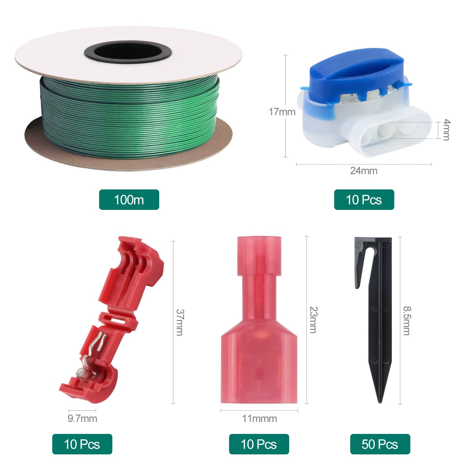100m Universal Begrenzungskabel für Mähroboter + 50 Erdnägel + 10 Kabelverbinder + 10 Anschlussklemmen, Begrenzungsdraht für Rasenmäher, Kompatibel mit Bosch, Gardena, Husqvarna, Stihl usw