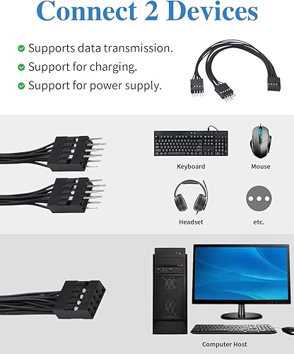 Miniatura 5 de Duttek Adaptador de placa base USB 3.0 a 2.0, cable divisor en Y, 9pin hembra a doble 9pin macho cable de extensión para adaptador de placa base de