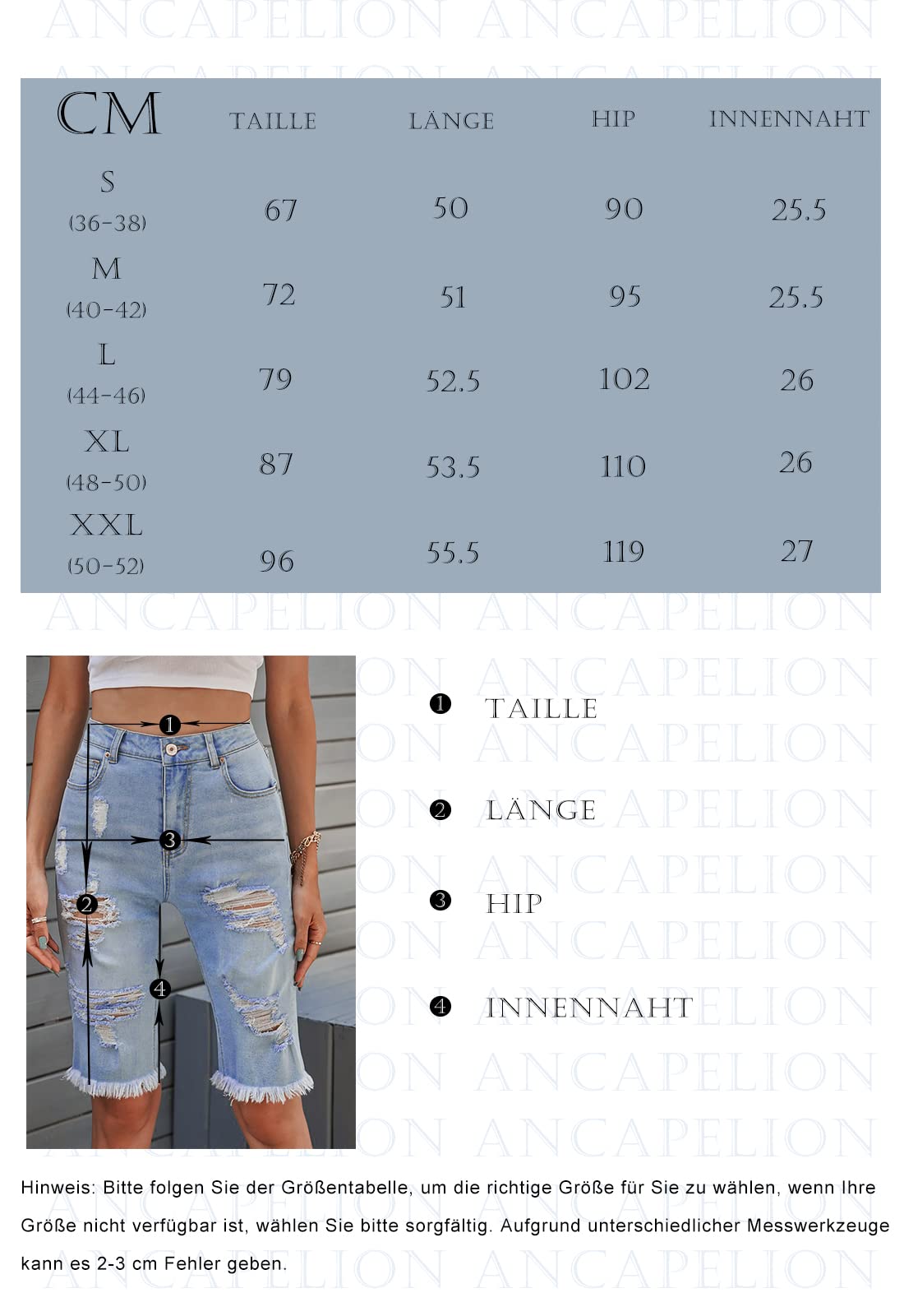 ANCAPELION Bermuda pour femme, taille haute, skinny, déchiré, ourlet brut classique, bermuda en denim