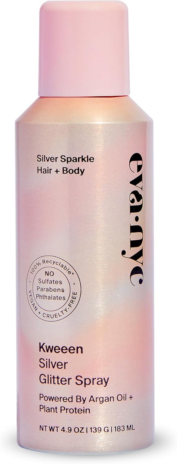 Eva NYC Kweeen Silver Body and Hair Glitter Spray for Shimmer, Washable Glitter Hairspray for Any Party Look, 4.9 oz