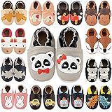  SUADEX Krabbelschuhe Leder Lauflernschuhe Jungen Mädchen Baby Weicher Babyschuhe 0-24 Monate Kleinkind Hausschuhe mit Wildledersohlen,Grau Panda,12-18 Monate