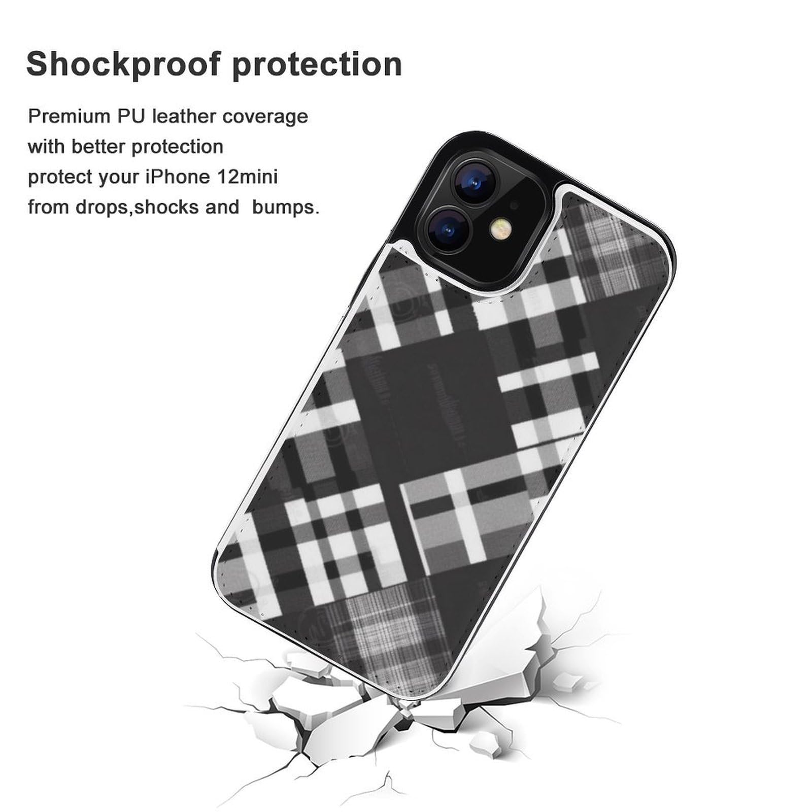 Fundas tipo cartera para iPhone 12 Mini, estampado a cuadros en blanco y negro, funda de piel con ranuras para tarjetas