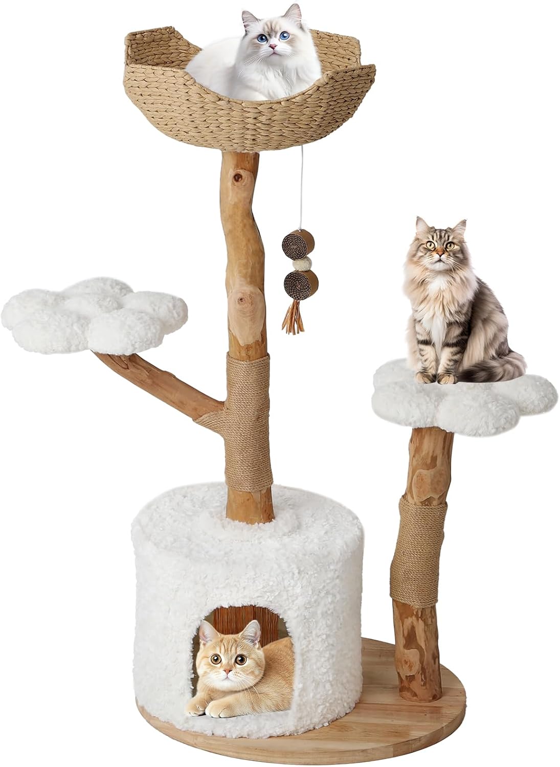 47-Inch Natural Wood Cat Tree for Cats, Modern Cat Tower with Multiple Platforms, Sisal Posts, Handwoven Bed, White Cushions