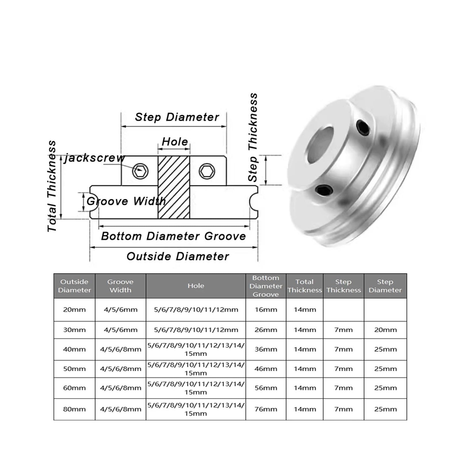 1 Uds. Rueda de transmisión modelo polea Motor husillo ranura única aleación(80mm x 5mm,8mm)