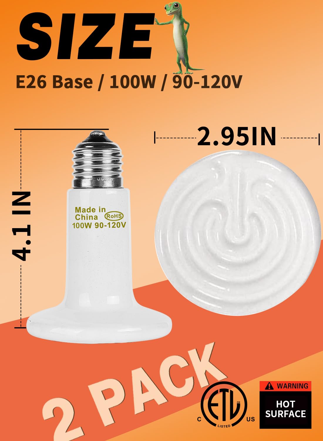WUHOSTAM 100W 2 Pack Ceramic Heat Lamp,White Dimmable Infrared Bulb No Light Emitter Lamp Infrared Ceramic Heat Lamp Bulb for Pet Coop Heater Reptile Chicken Lizard Turtle Brooder Bulb, ETL Listed - image 2