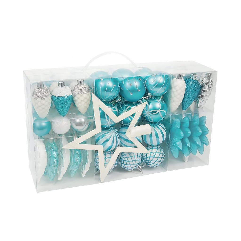 Neo 110PCS Christmas Tree Ornaments Set Shatterproof Baubles Decorations Tree Topper Star Luxury Ornament Kit Christmas Star Topper, Balls, Snowflakes & Icicles (White & Blue)