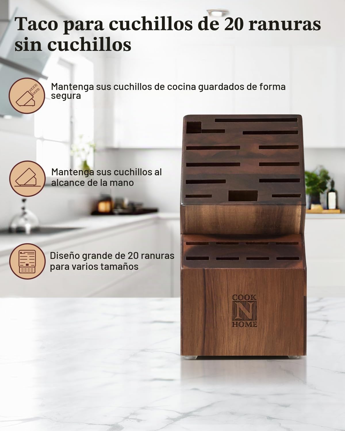 Cook N Home Bloque de almacenamiento para cuchillos, 20 ranuras, madera de acacia, 2660