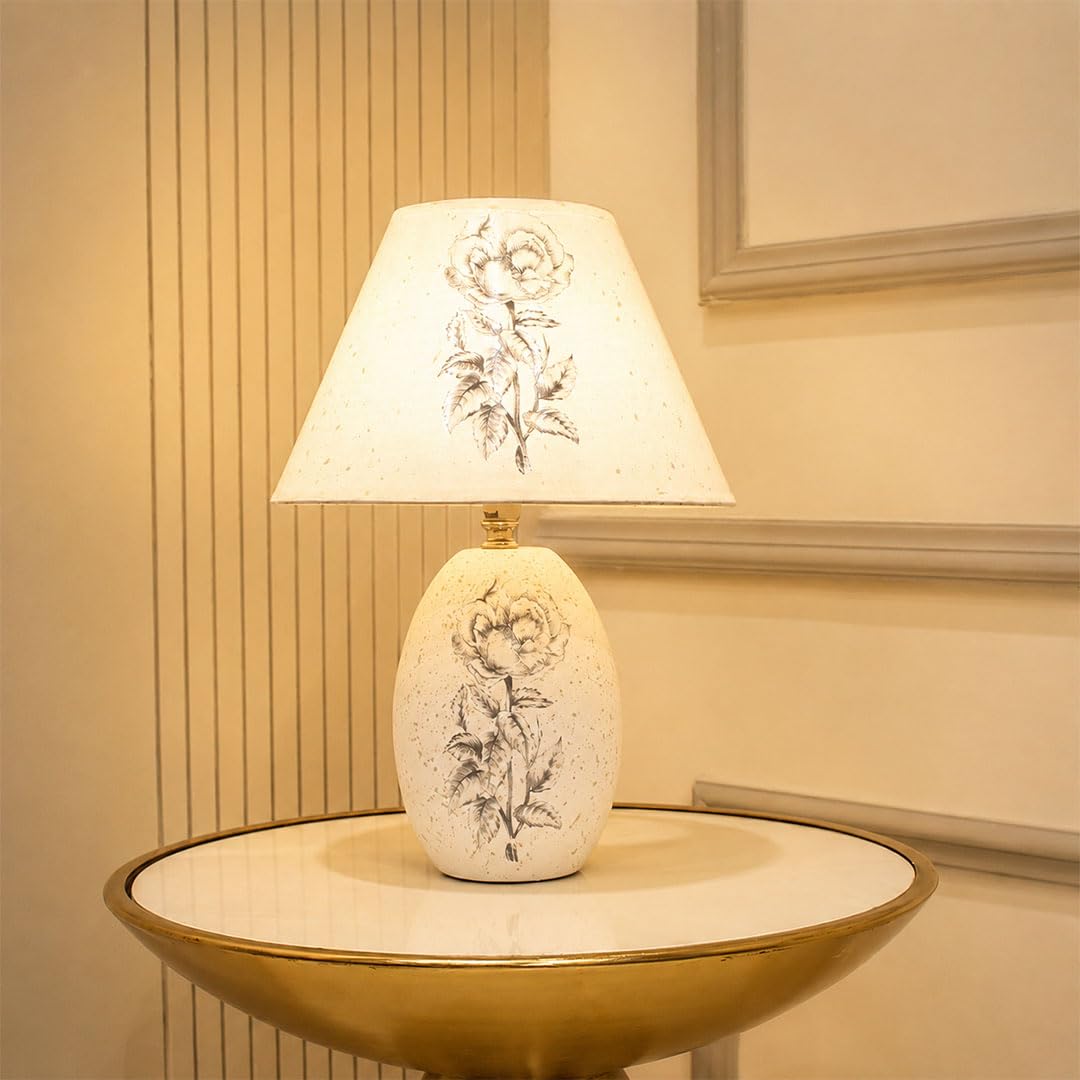 ELARE Ceramic Base Floral Table Lamp with Fabric Shade, Rose Artwork Design, Includes LED Bulb, Inline Switch, Anti-Slip Base - 36cm-image-21
