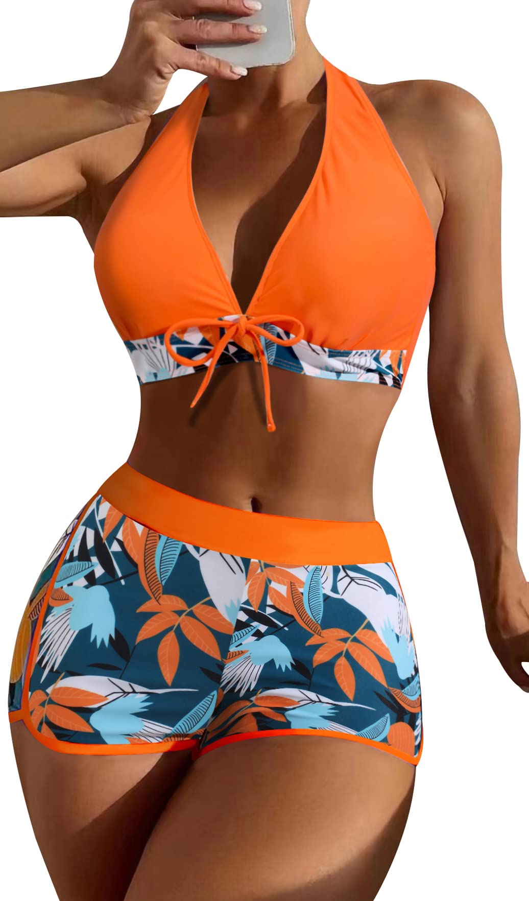 Women's Two Piece Halter Swimsuit V Neck Push Up Bikini Set Swimwear with Boyshorts Swimwear for Swimming Pool