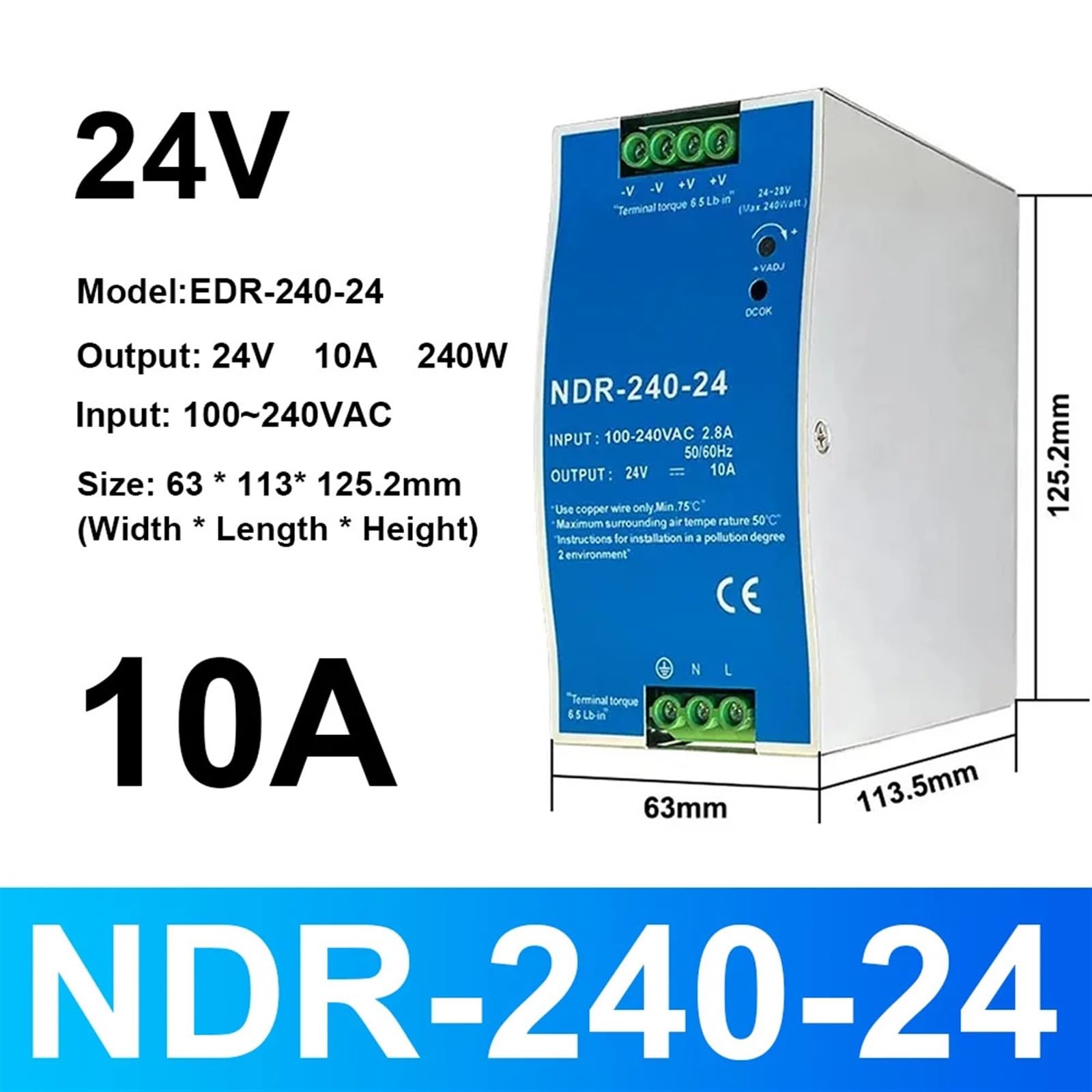 NDR 240 W 24 V 48 V Industrie-Einzelgruppen-Ausgangstransformator 240 VAC Schaltnetzteil 1 Stück(NDR-240W-24V 10A)