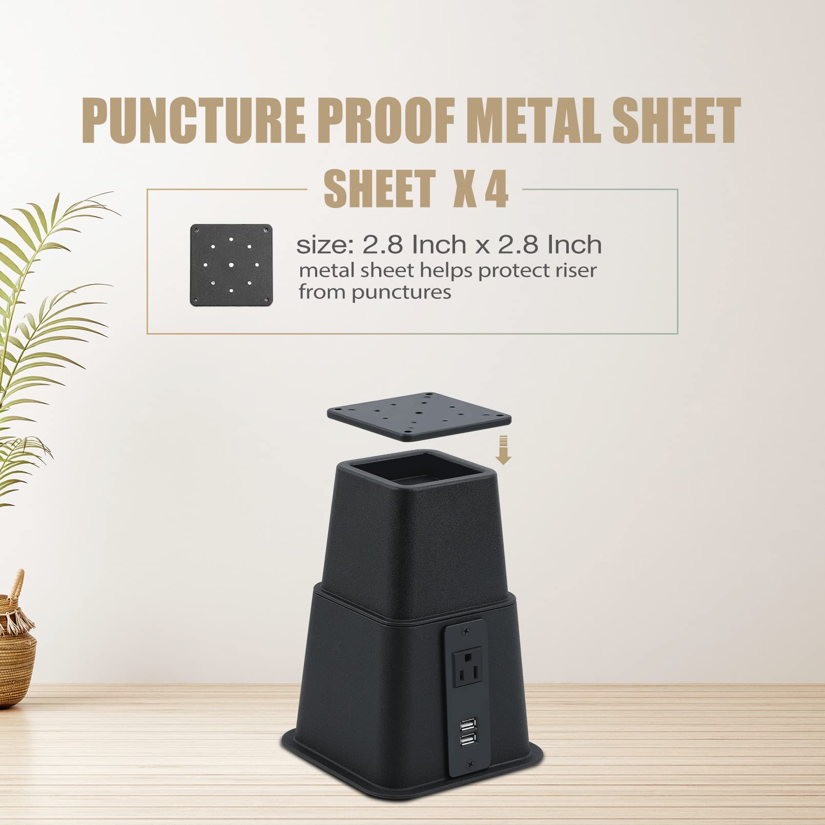 Tuffen Adjustable Bed Riser with Power Outlet and USB Ports, Elevation in Heights 3, 5 or 8 Inch Furniture Riser Lifts with Metal Sheet, Heavy Duty 1500 lbs Capacity for Dorm Bed Table Sofa (Set of 4)