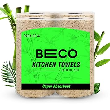 Beco Bamboo -2 Ply Kitchen Tissue/Towel Roll | 240 Pulls (60 pulls x 4 Rolls) | 100% Eco-Friendly - Pure Bamboo Pulp |Soft & Super Absorbent | Food Safe & Chemical Free Tissue Papers - image, photos