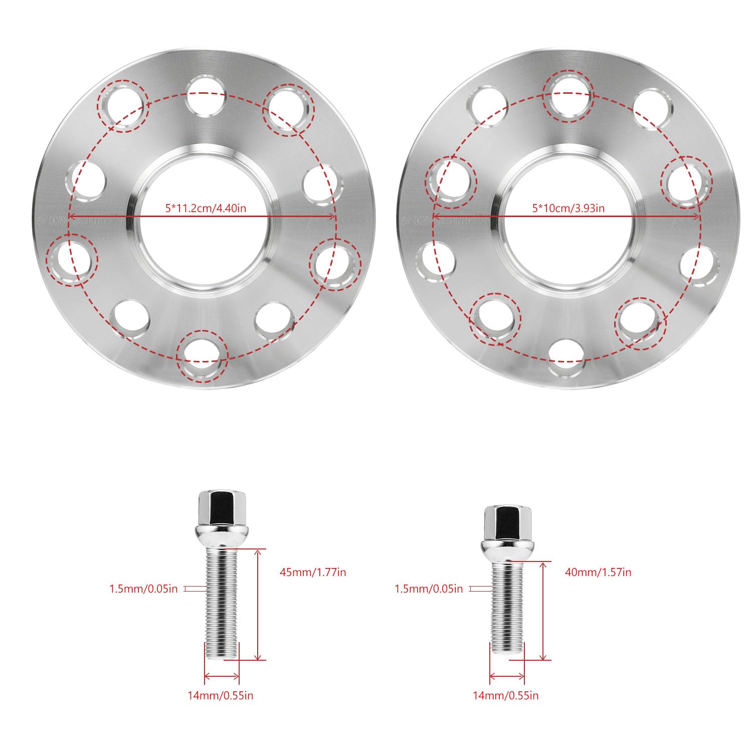 4-TLG Spurverbreiterung 5x100 / 5x112mm (VA 30mm HA 40mm) Ø57,1 Naben­zentriert Spurplatten Set Kompatibel mit Skoda Fabia Octavia Superb, Distanzscheiben inkl. 20 Radschrauben M14x1,5x40/45mm Sliver