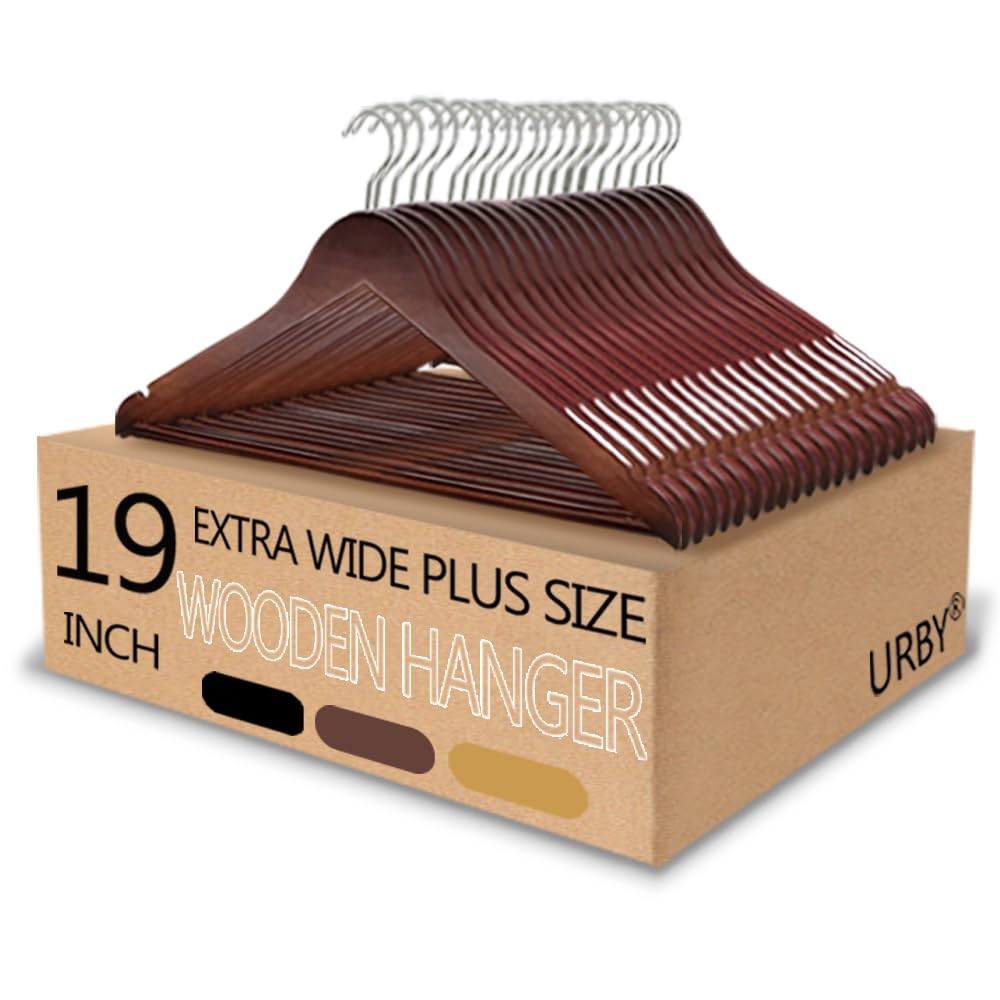 Urby Extra Wide Hangers for Plus Size Clothes, Ganchos para Colgar Ropa,19 Inch Plus Size Hangers Ideal for XL, XXL Shirts, Coats, Dresses, Etc. Wood. Walnut 20pk