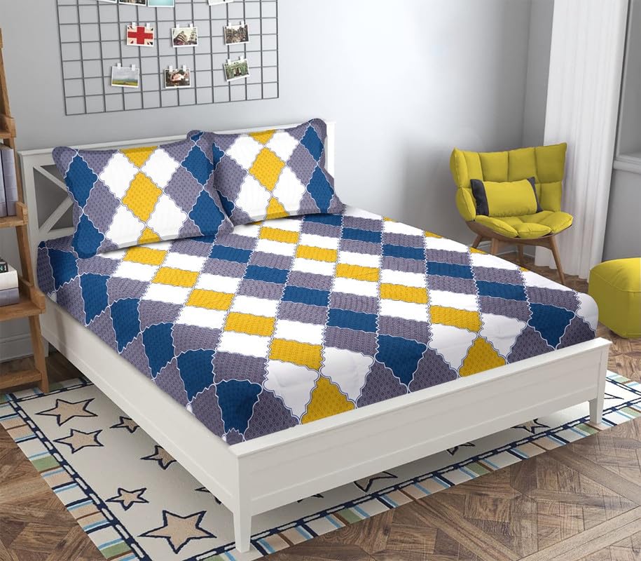 Premium Cotton Flat Double Bedsheets with 2 King Size Pillow Covers | Double Bed Breathable | Wrinklefree | Ultrasoft 220 tc Supersoft Floral | 90×90 Inches, White & Blue