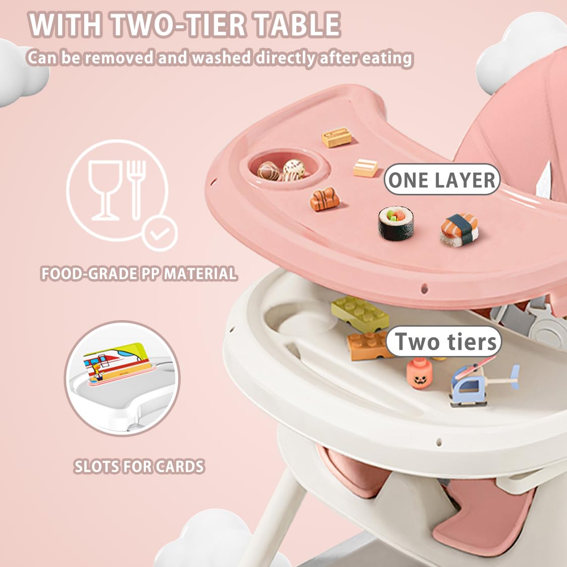 UBRAVOO Trona Bebé 3 en 1, Silla de Comedor Portátil Convertible con Arnés de 5 Puntos, Doble Bandeja para Comida y Estantes para Juguetes (rosa-03)